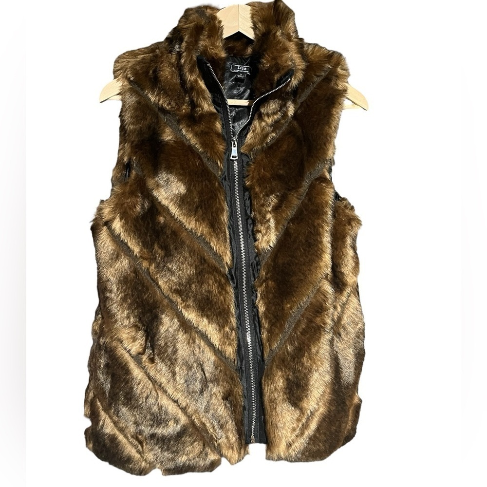 Lisa International Faux Fur Vest Brown Full Zip with Pockets